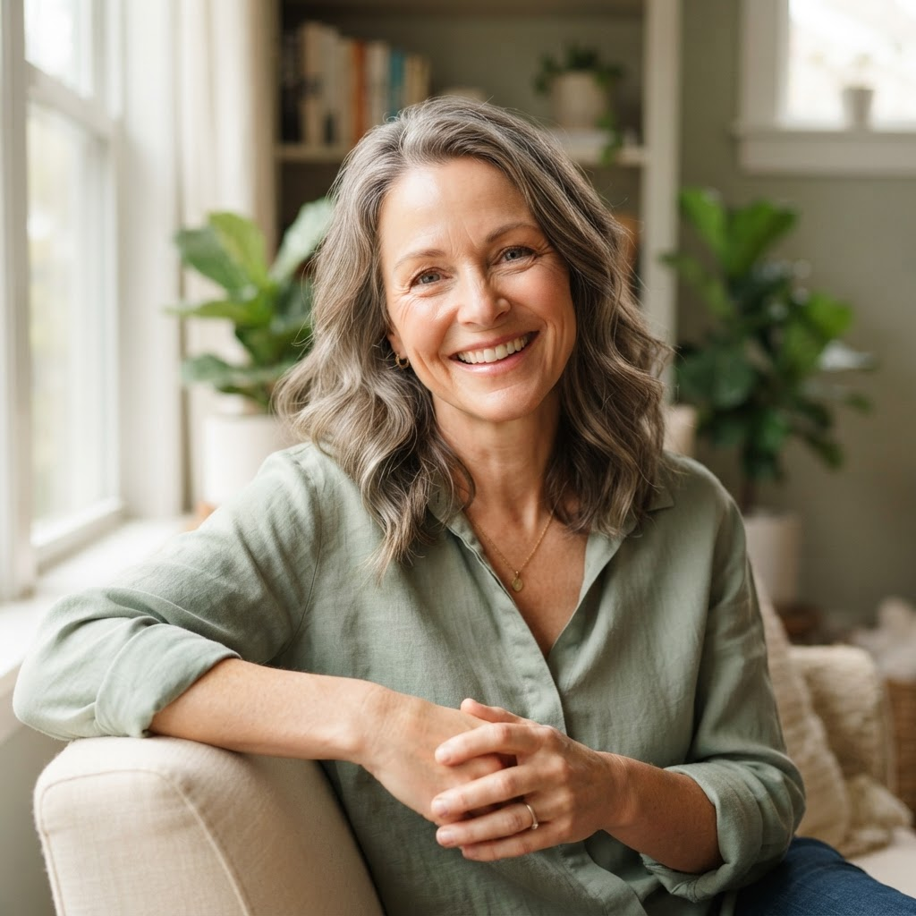 Woman in her early fifties laughing candidly while looking away