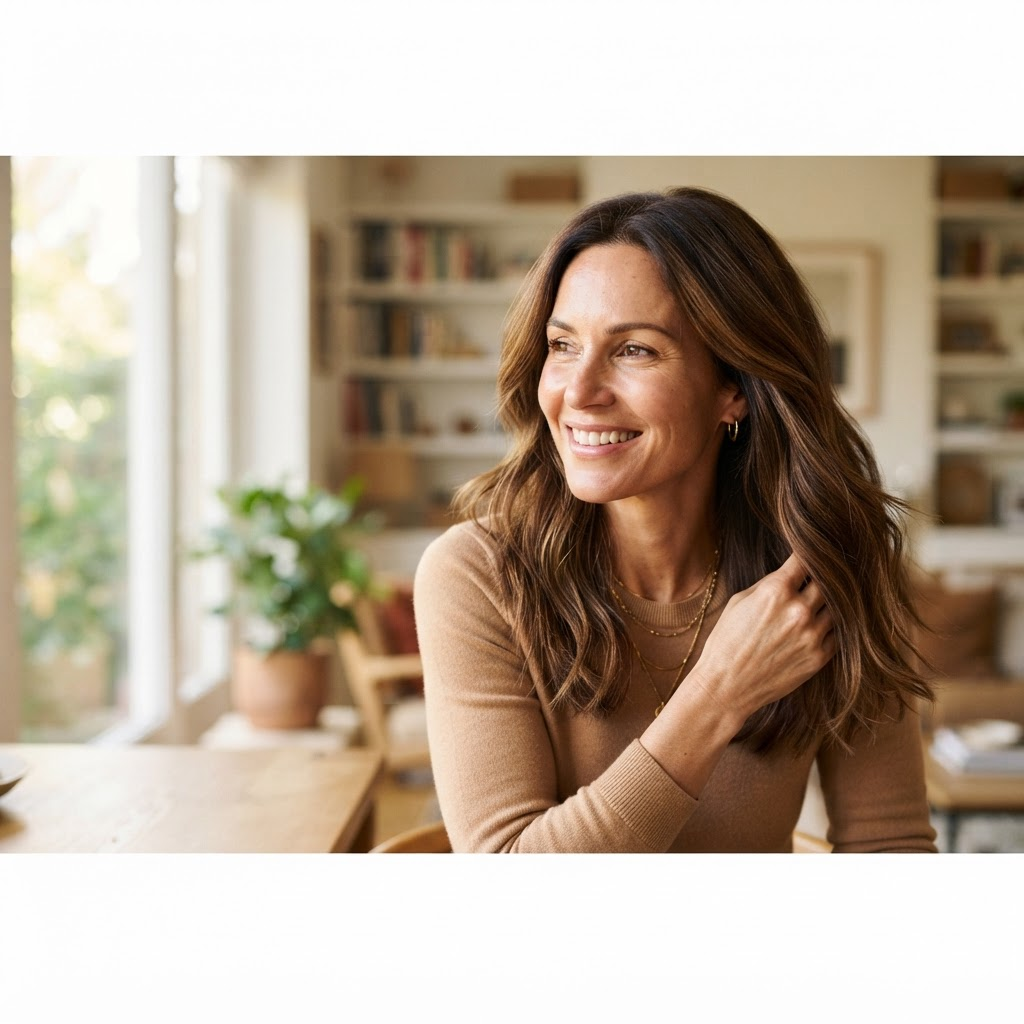 Woman with healthy, full hair looking confident in natural light