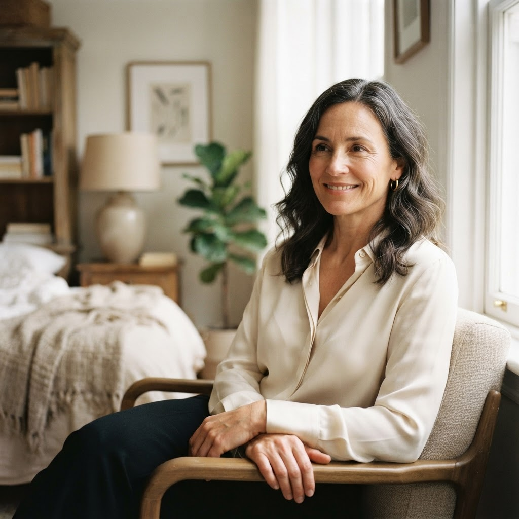 Confident woman in her forties relaxing at home in soft light